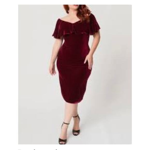 Unique Vintage Velvet Wiggle Dress off the Shoulder Burgundy Sz 4X #49 - Picture 1 of 10